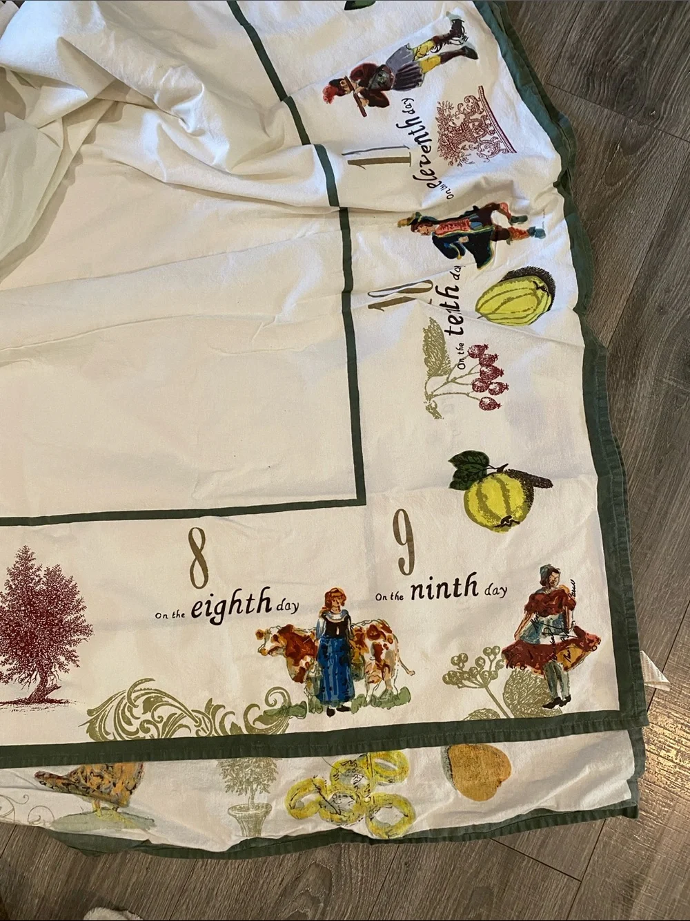 Vintage Williams Sonoma 12 Days of Christmas Green Border Tablecloth 72x100